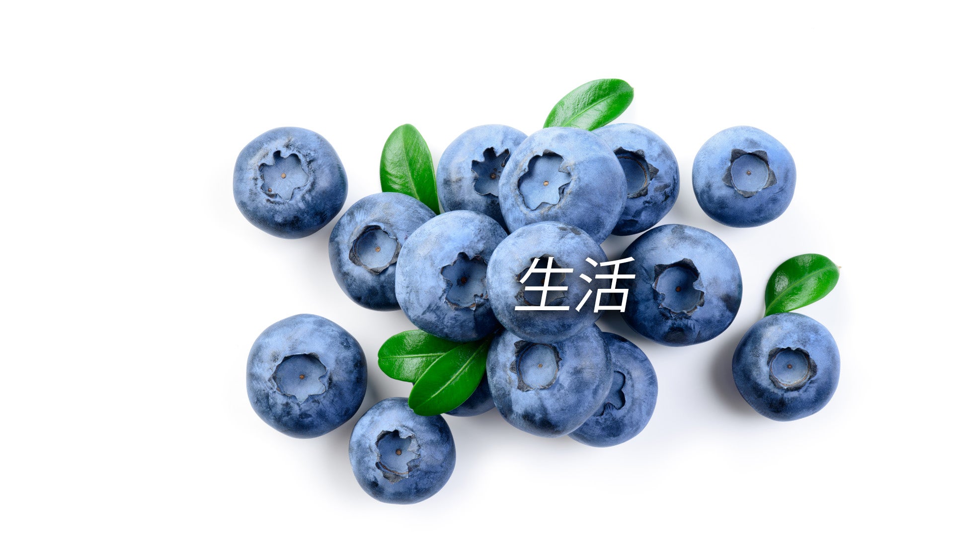 蓝莓与绿色叶子和写着‘生命’这个词的蓝莓